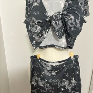 Black Dragon Print Mini Dress Set by no brand